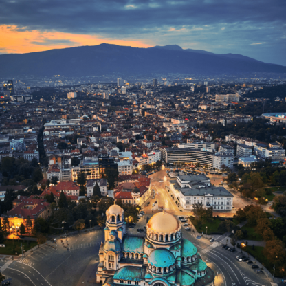 An Aerial shot of Sofia, Bulgaria at dusk