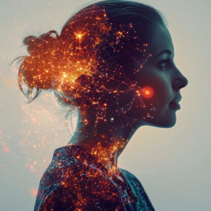 Woman intertwined with artificial intelligence visuals in a double exposure effect, featuring ample room for text.